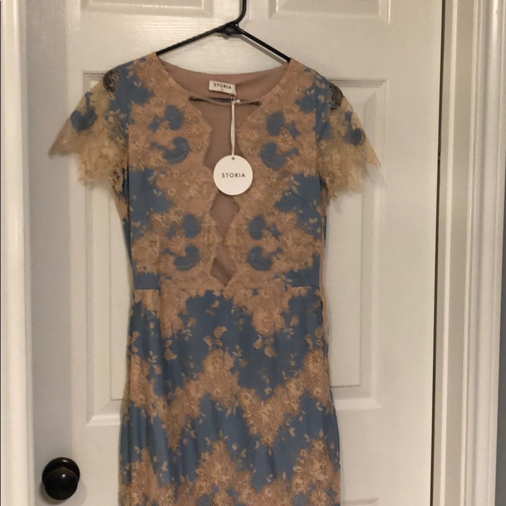 Lace dress, blue and tan, new with tags.